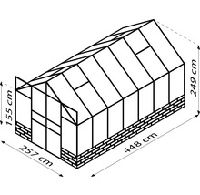Technický nákres skleníka s rozmermi 257 centimetrov krát 448 centimetrov krát 249 centimetrov krát 155 centimetrov