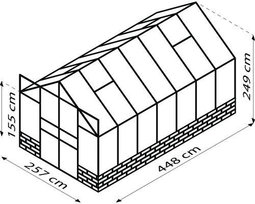 Ilustrácia skleníka s rozmermi: šírka 257 cm, dĺžka 448 cm a výška 249 cm.