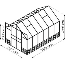 Obrázok skleníka s rozmermi 257 cm, 385 cm, 155 cm, 249 cm.
