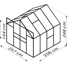 Rozmery skleníka: 257 cm x 258 cm x 248 cm výška, bočná stena 154 cm vysoká.
