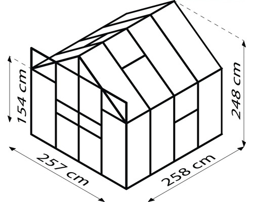 Rozmery skleníka: výška prednej strany 154 cm, výška zadnej strany 248 cm, dĺžka ľavej strany 257 cm, dĺžka pravej strany 258 cm