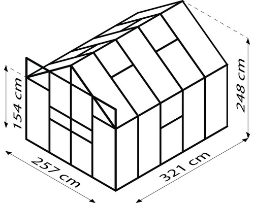 Technický nákres skleníka s rozmermi: šírka 257 centimetrov, dĺžka 321 centimetrov, výška boku 154 centimetrov a celková výška 248 centimetrov.