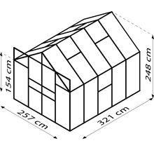 Obrázok skleníka s rozmermi: základňa 257 cm x 321 cm, bočná výška 154 cm a celková výška 248 cm.