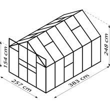 Obrázok skleníka s rozmermi 257 cm x 383 cm x 248 cm.