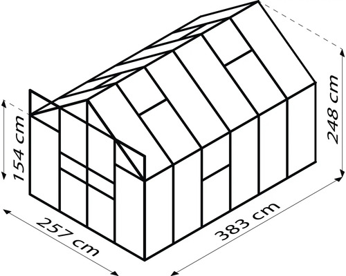 Nákres skleníka s rozmermi 257 cm x 383 cm a výškou 154 cm až 248 cm