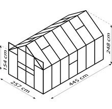 Ilustrácia skleníka s rozmermi 257 x 445 x 248 centimetrov a výškou 154 centimetrov