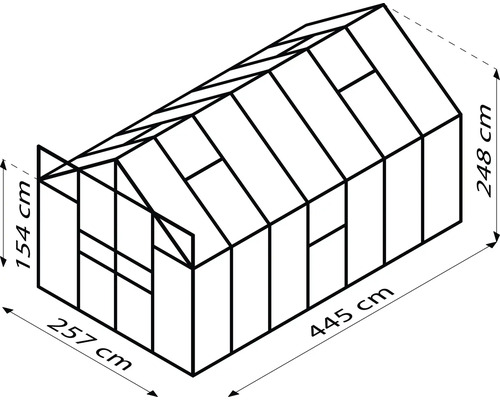 Ilustrácia skleníka s rozmermi 257 x 445 x 248 centimetrov a výškou 154 centimetrov