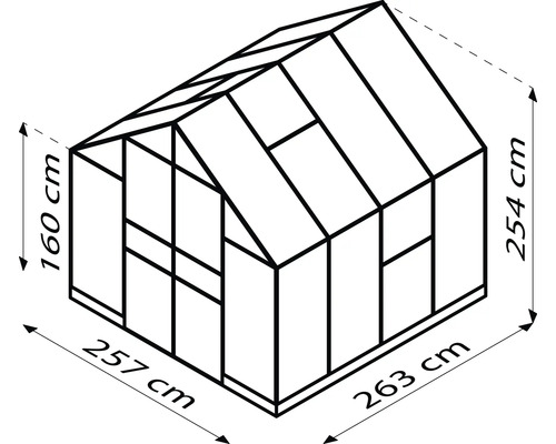 Nákres skleníka s rozmermi 257 cm, 263 cm, 160 cm a 254 cm