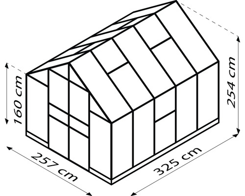 Ilustrácia skleníka s rozmermi 160 cm výška, 257 cm šírka a 325 cm dĺžka