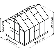 Ilustrácia skleníka s rozmermi 257 cm x 325 cm x 254 cm