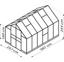 Obrázok skleníka s rozmermi 387 cm dĺžka, 257 cm šírka a 254 cm výška.