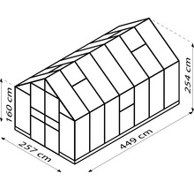 Rozmery skleníka: 257 cm x 449 cm, výška: 160 cm až 254 cm