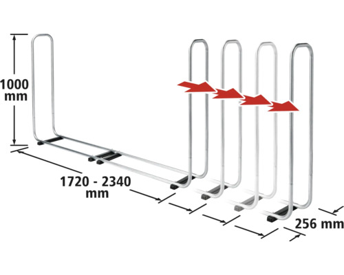 Stojan na bicykle s rozmermi 1000 mm výška, 1720 až 2340 mm šírka a 256 mm hĺbka