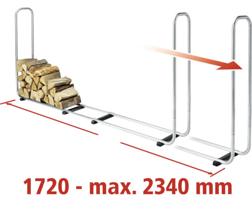 Regál na palivové drevo s polenami, roztiahnuteľný od 1720 do maximálne 2340 milimetrov