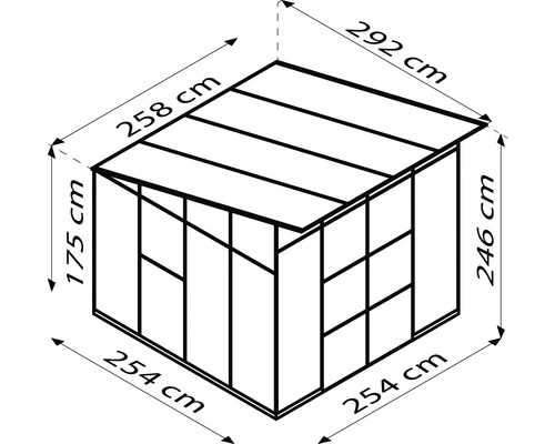 Ilustrácia skleníka s rozmermi 254 x 254 x 246 cm, výška hrebeňa 292 cm a výška strany 175 cm