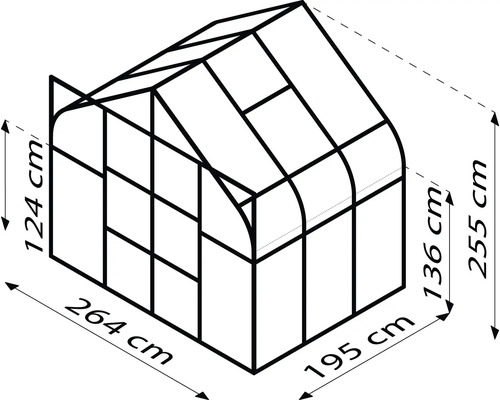 Ilustrácia skleníka s rozmermi: dĺžka 264 cm, šírka 195 cm, výška bočnej steny 124 cm a celková výška 255 cm