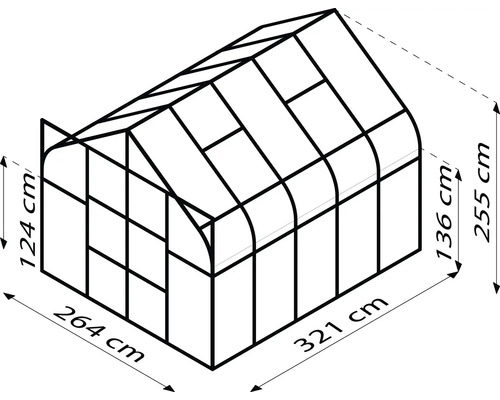 Nákres skleníka s rozmermi 264 cm x 321 cm a výškou 255 cm