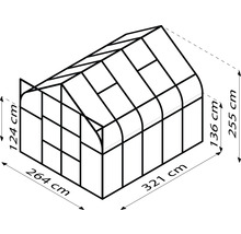 Nákres skleníka s rozmermi 264 x 321 centimetrov a výškou 255 centimetrov