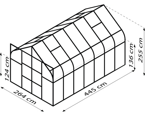 Ilustrácia skleníka s rozmermi 264 x 445 x 255 centimetrov