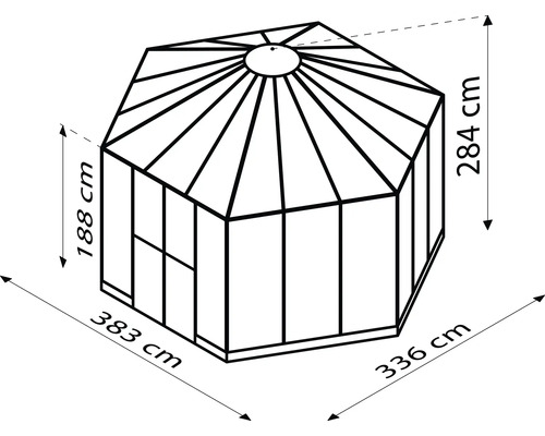 Výkres skleníka s rozmermi 383 cm, 336 cm, 284 cm a 188 cm.