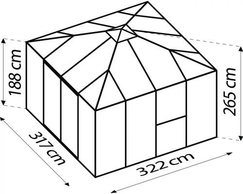 Technický nákres skleníka s rozmermi 317 cm x 322 cm a výškou 188 cm až 265 cm.