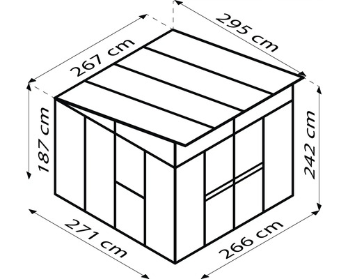 Schéma záhradného domčeka s rozmermi.