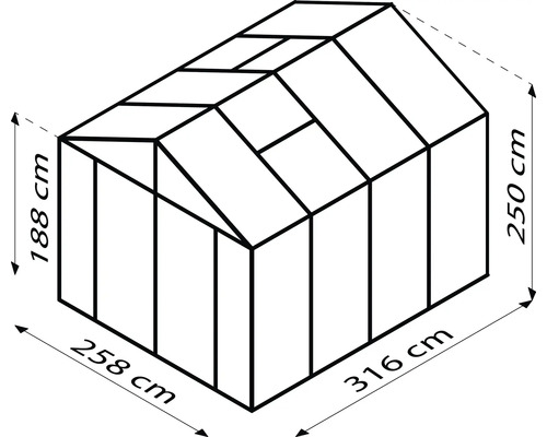 Obrázok skleníka s rozmermi 258 x 316 centimetrov a výškou 188 až 250 centimetrov.