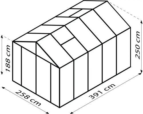 Nákres skleníka s rozmermi 258 x 391 centimetrov a výškou 188 až 250 centimetrov