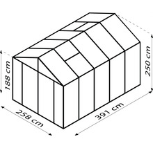 Ilustrácia skleníka s rozmermi: výška 188 cm a 250 cm, šírka 258 cm, dĺžka 391 cm.