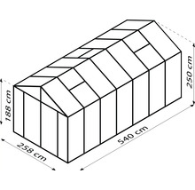 Obrázok skleníka s rozmermi: výška 188 cm vpredu, výška 250 cm vzadu, šírka 258 cm a dĺžka 540 cm