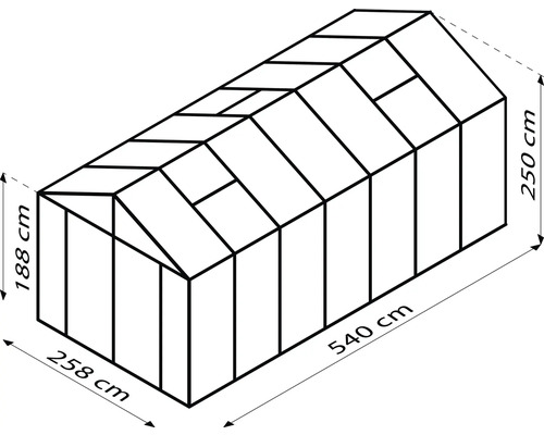 Obrázok skleníka s rozmermi: výška 188 cm, šírka 258 cm a dĺžka 540 cm