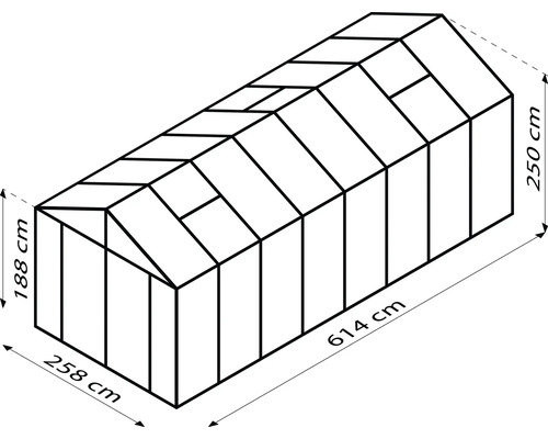 Schéma skleníka s rozmermi: výška 250 cm, šírka 258 cm, dĺžka 614 cm