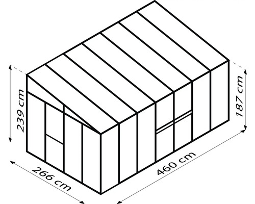 Ilustrácia záhradného domčeka s rozmermi: výška 239 cm, výška bočnej steny 187 cm, šírka 266 cm a dĺžka 460 cm.