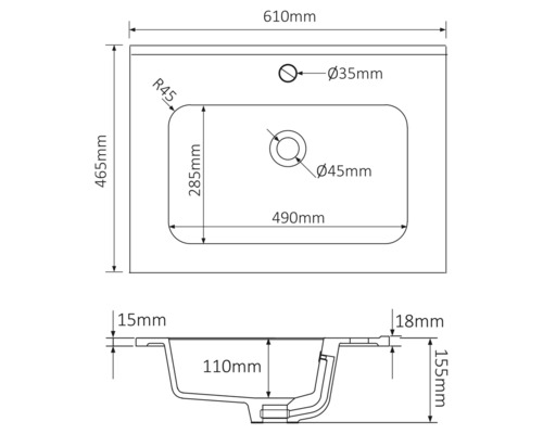 Technický nákres umývadla s rozmermi