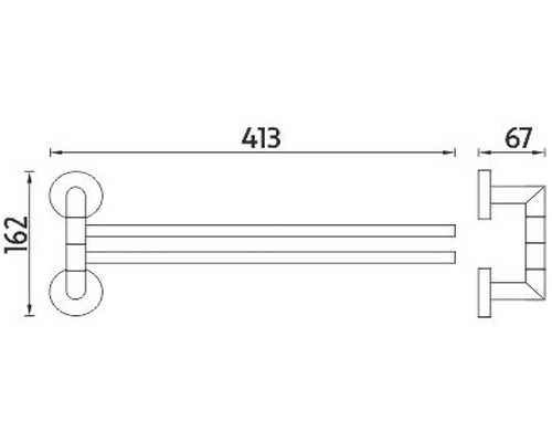 Technický výkres držiaka na uteráky s rozmermi 413, 162 a 67 milimetrov.