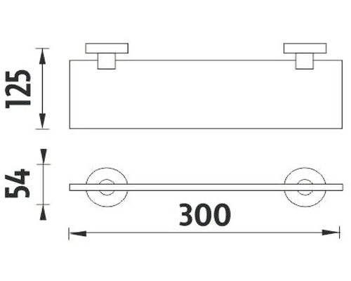 Technický nákres sklenenej police s rozmermi 125 x 300 x 54 milimetrov