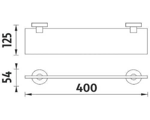 Technický nákres police na uteráky s rozmermi 125, 54 a 400 milimetrov.