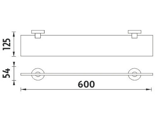 Technický nákres nástennej police s rozmermi 600 x 125 x 54 mm