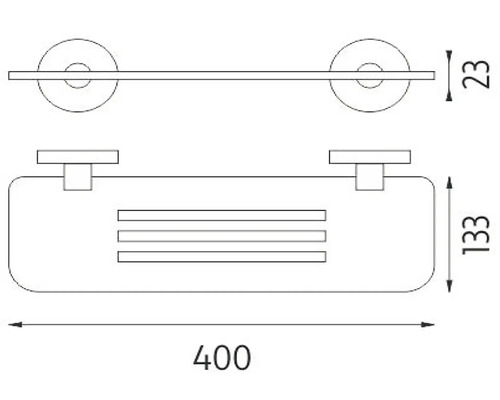 Technický nákres kúpeľňovej police s držiakom na uteráky, rozmery 400 x 133 x 23 milimetrov