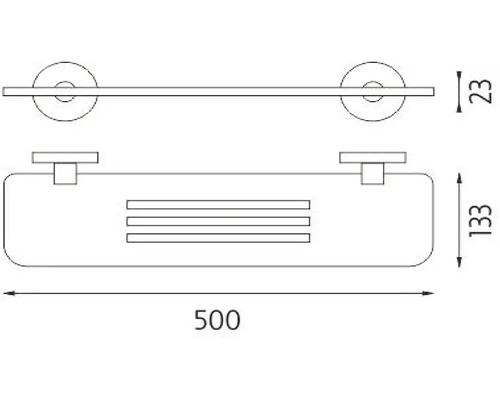 Technický nákres sprchovej police s držiakom na uteráky a rozmermi