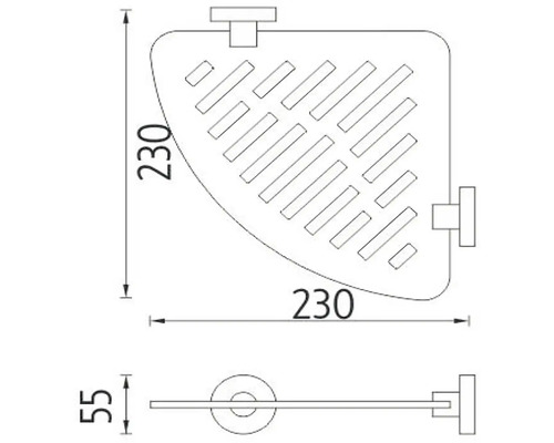 Technický nákres rohovej police s rozmermi