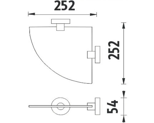 Technický nákres rohovej police s rozmermi