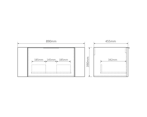 Technický nákres skrinky pod umývadlo s rozmermi.